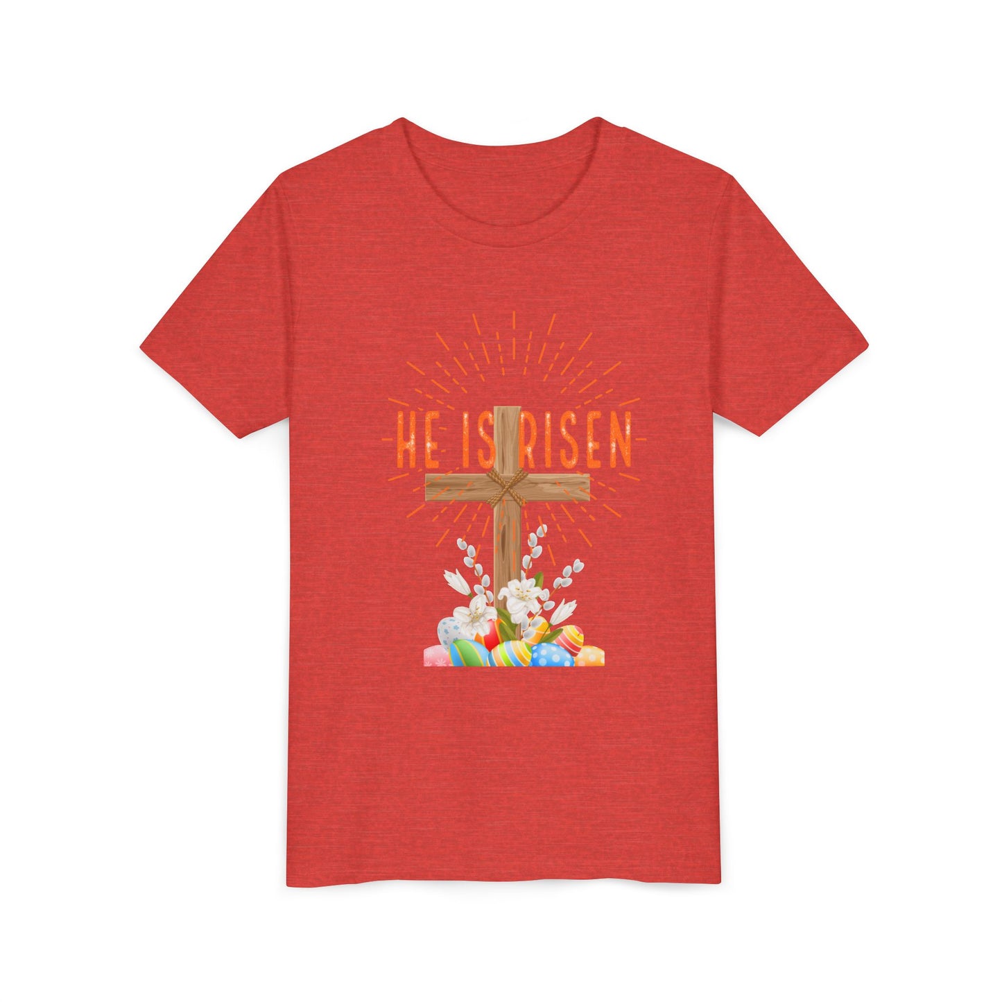 Youth Easter Tee — 'He Is Risen' Cross & 'Happy Easter' Pastel Kids Shirt
