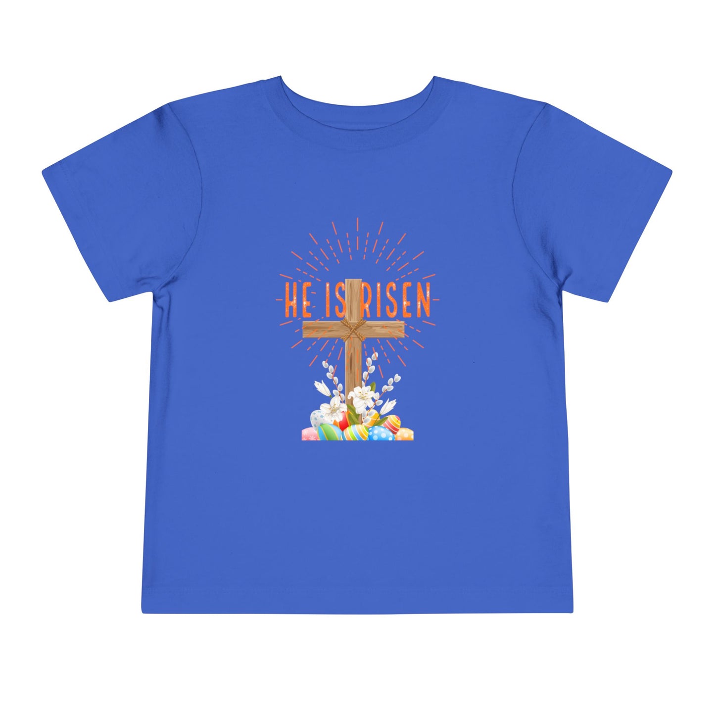 Toddler Tee — "He Is Risen" Easter Cross & Happy Easter Pastel Design
