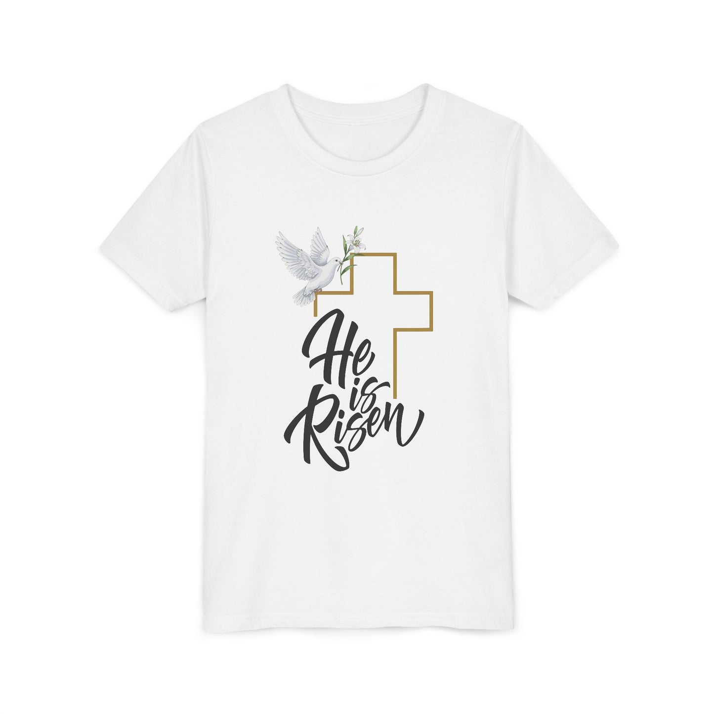 He Is Risen Youth Tee — Easter Cross & Dove Christian Kids Shirt