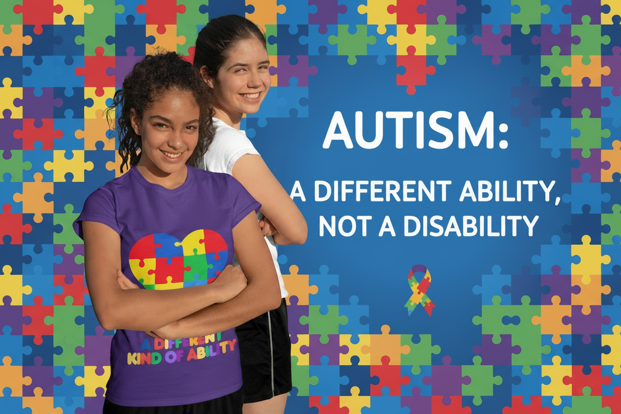 Two young girls posting in front of an Autism Sign. Celebrate every unique mind with this "A Different Kind of Ability" autism awareness youth tee. A puzzle heart design that spreads acceptance, love, and neurodiversity.