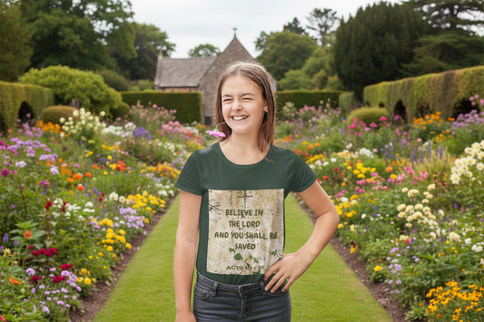 Youth wearing a soft, faith-filled youth tee featuring Acts 16:31 — "Believe in the Lord and you shall be saved." A meaningful Christian kids shirt for church, Sunday