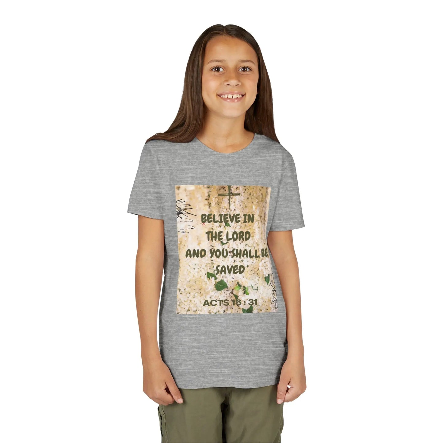 Youth wearing a soft, faith-filled youth tee featuring Acts 16:31 — "Believe in the Lord and you shall be saved." A meaningful Christian kids shirt for church, Sunday. Athletic Heather