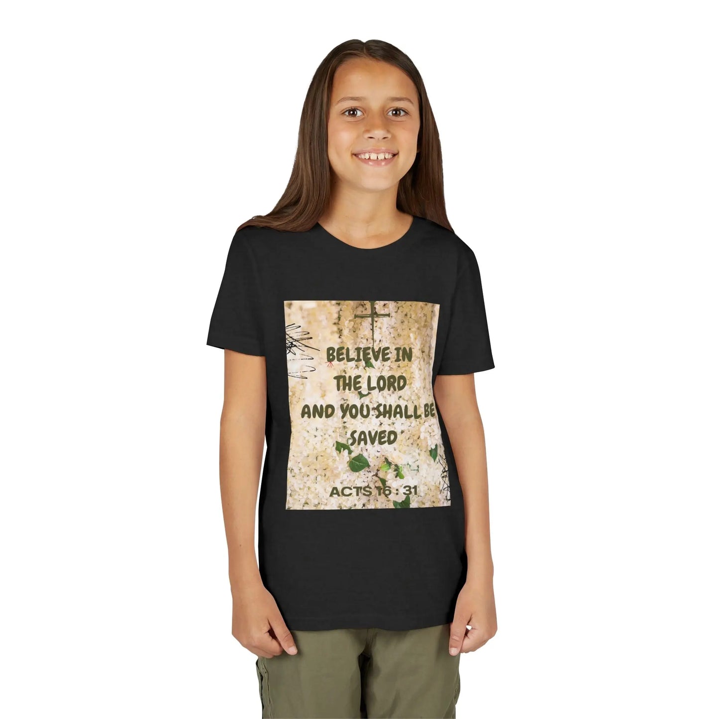Youth wearing a soft, faith-filled youth tee featuring Acts 16:31 — "Believe in the Lord and you shall be saved." A meaningful Christian kids shirt for church, Sunday. Black Heather