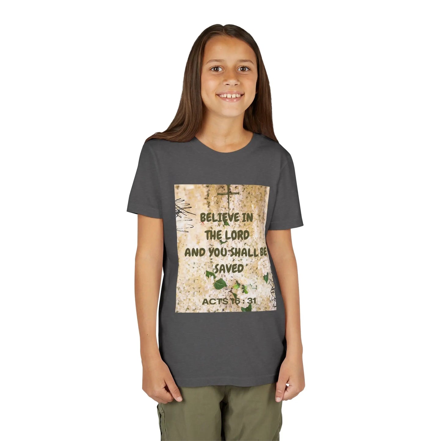 Youth wearing a soft, faith-filled youth tee featuring Acts 16:31 — "Believe in the Lord and you shall be saved." A meaningful Christian kids shirt for church, Sunday. Dark Heather Grey