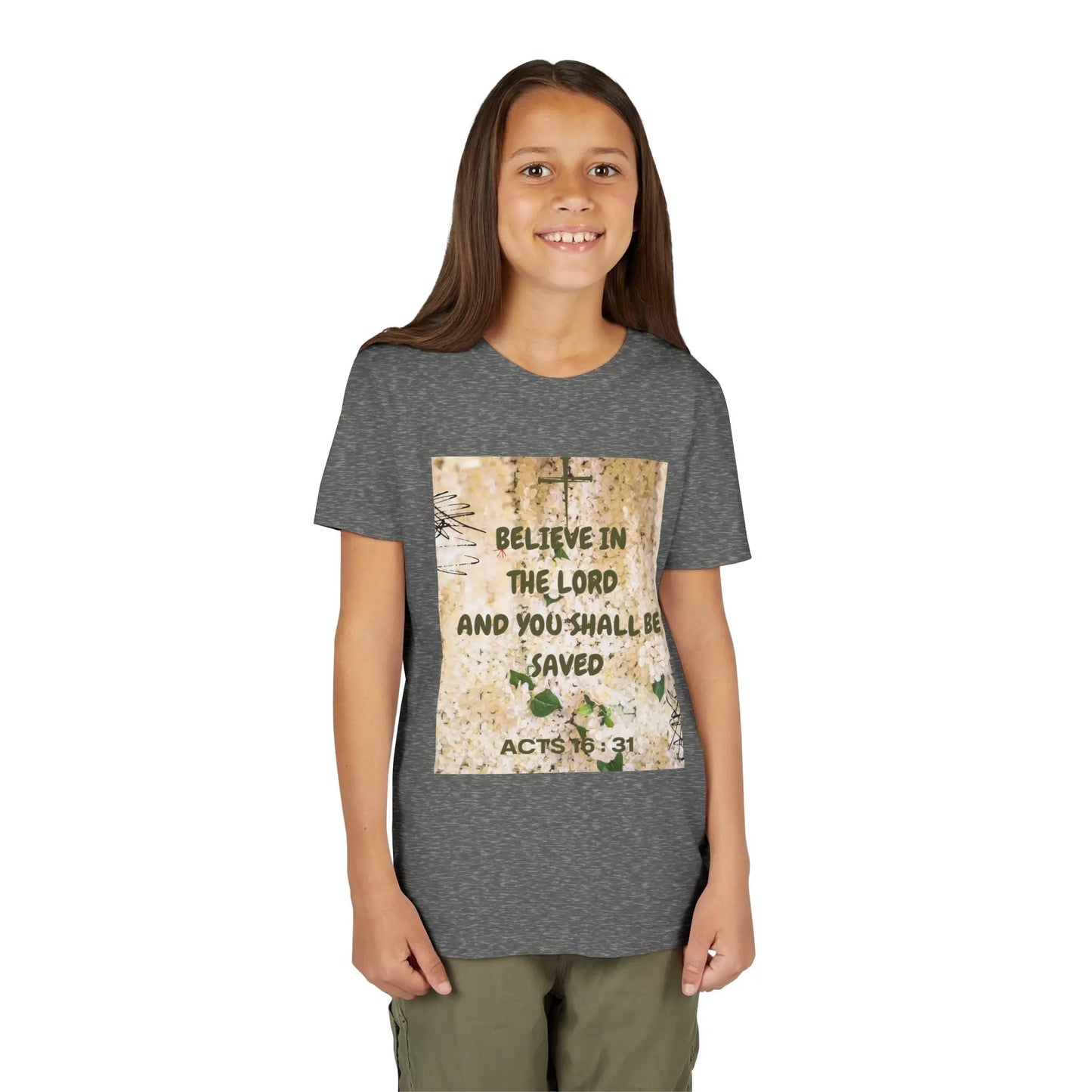 Youth wearing a soft, faith-filled youth tee featuring Acts 16:31 — "Believe in the Lord and you shall be saved." A meaningful Christian kids shirt for church, Sunday. Deep Heather