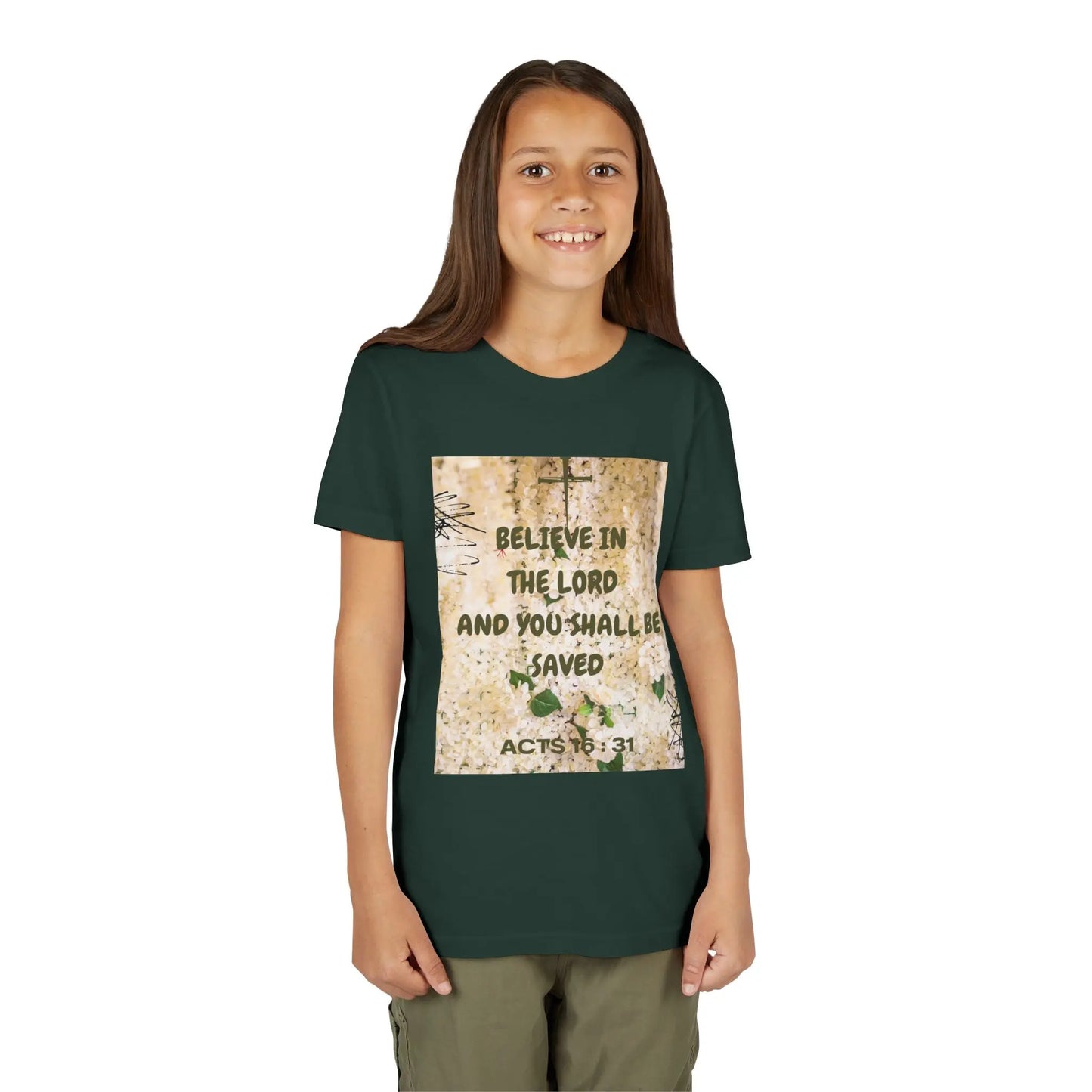 Youth wearing a soft, faith-filled youth tee featuring Acts 16:31 — "Believe in the Lord and you shall be saved." A meaningful Christian kids shirt for church, Sunday. Forest