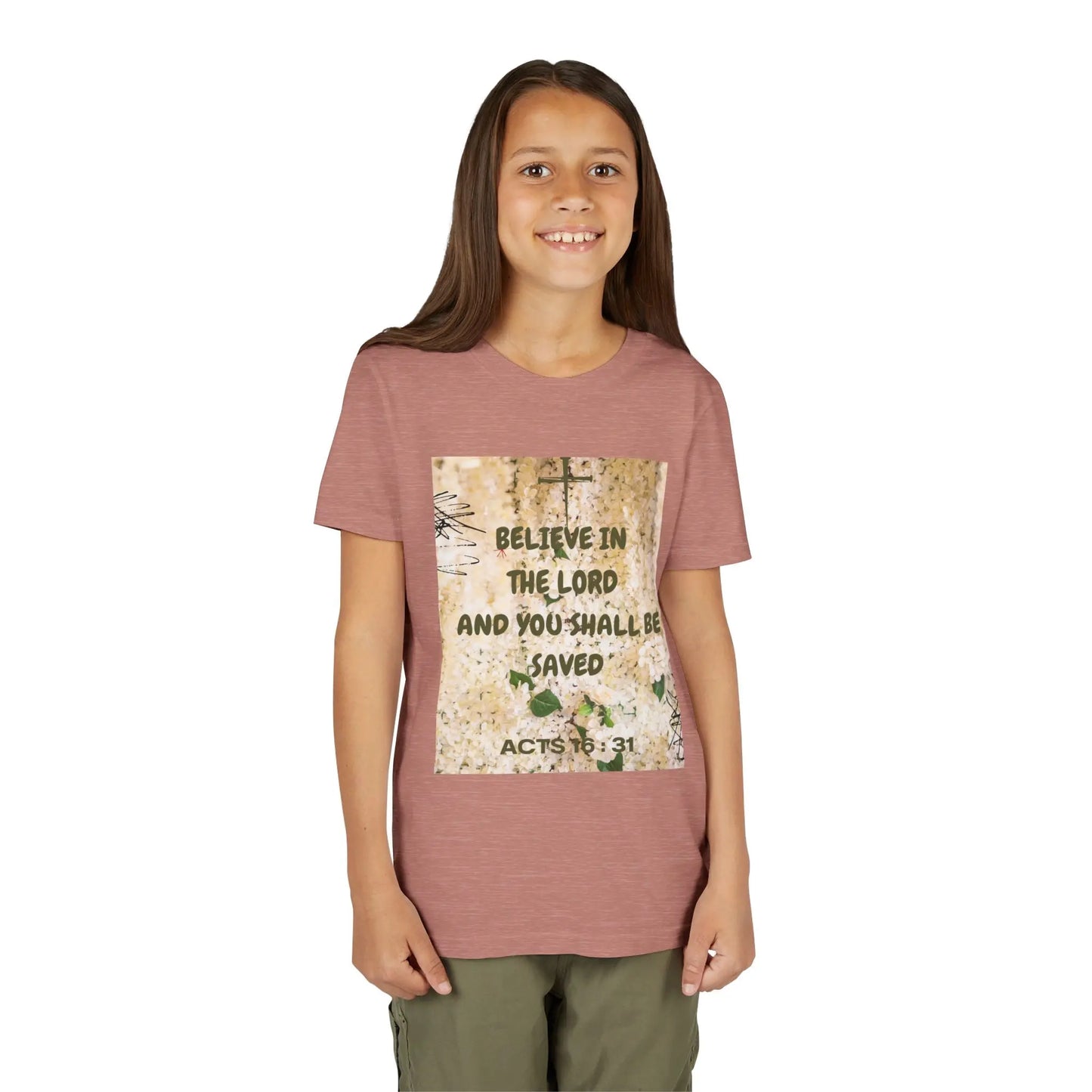 Youth wearing a soft, faith-filled youth tee featuring Acts 16:31 — "Believe in the Lord and you shall be saved." A meaningful Christian kids shirt for church, Sunday, Heather Mauve