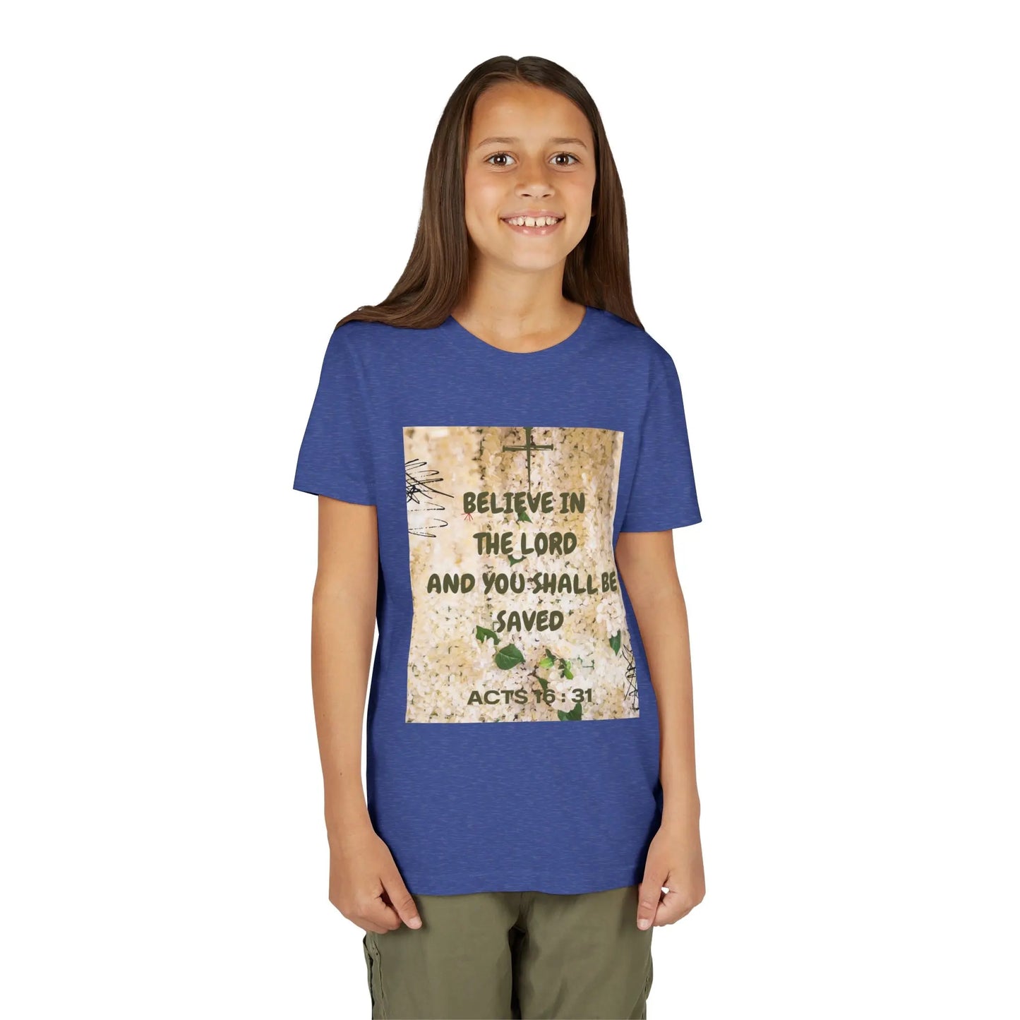 Youth wearing a soft, faith-filled youth tee featuring Acts 16:31 — "Believe in the Lord and you shall be saved." A meaningful Christian kids shirt for church, Sunday. Heather True Royal