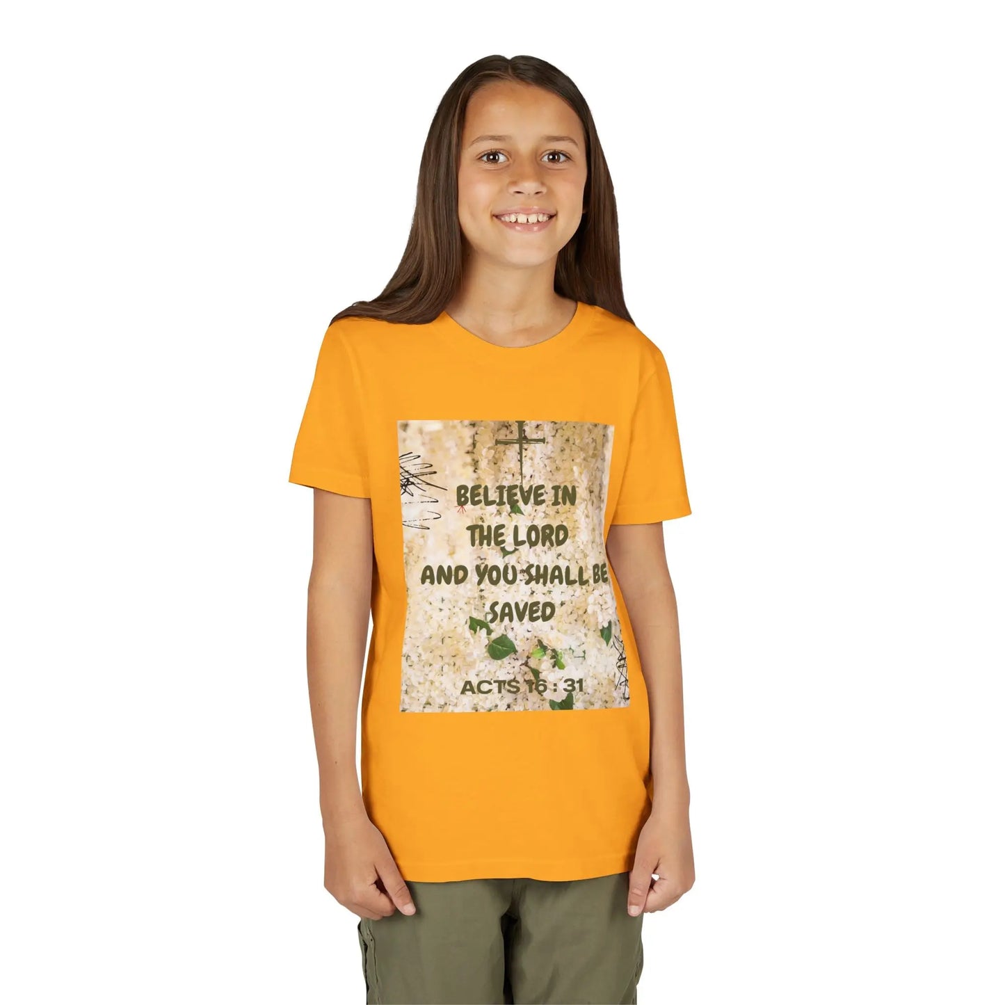 Youth wearing a soft, faith-filled youth tee featuring Acts 16:31 — "Believe in the Lord and you shall be saved." A meaningful Christian kids shirt for church, Sunday. Heather Yellow Gold