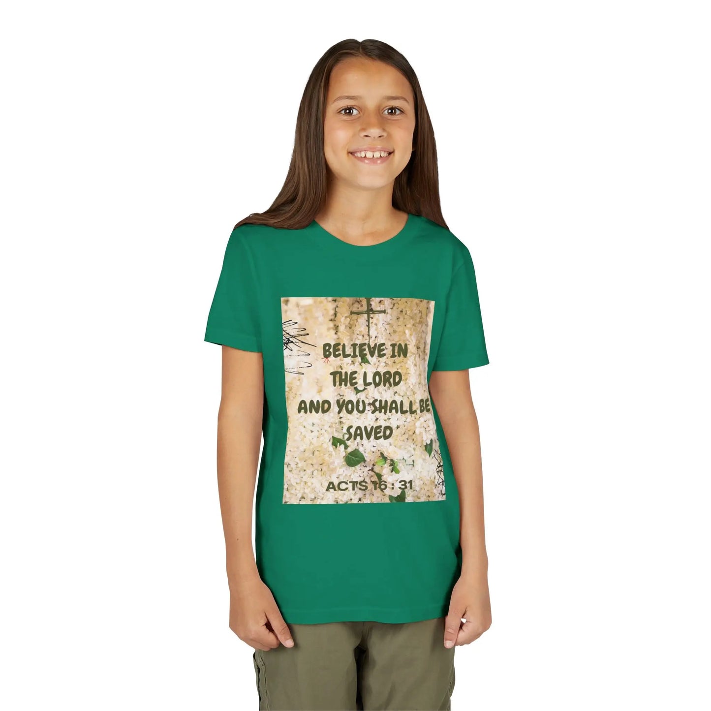 Youth wearing a soft, faith-filled youth tee featuring Acts 16:31 — "Believe in the Lord and you shall be saved." A meaningful Christian kids shirt for church, Sunday. Kelly Green
