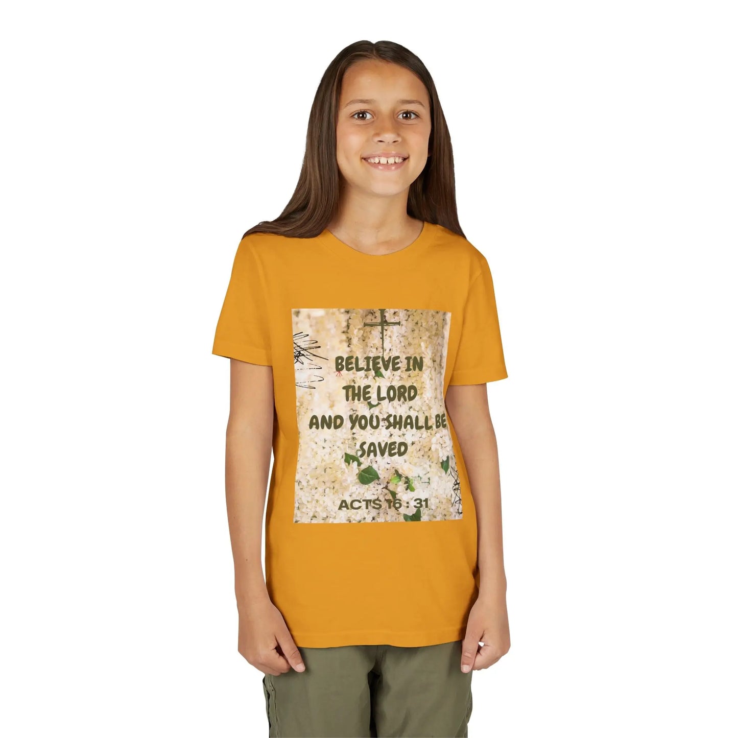 Youth wearing a soft, faith-filled youth tee featuring Acts 16:31 — "Believe in the Lord and you shall be saved." A meaningful Christian kids shirt for church, Sunday. Mustard