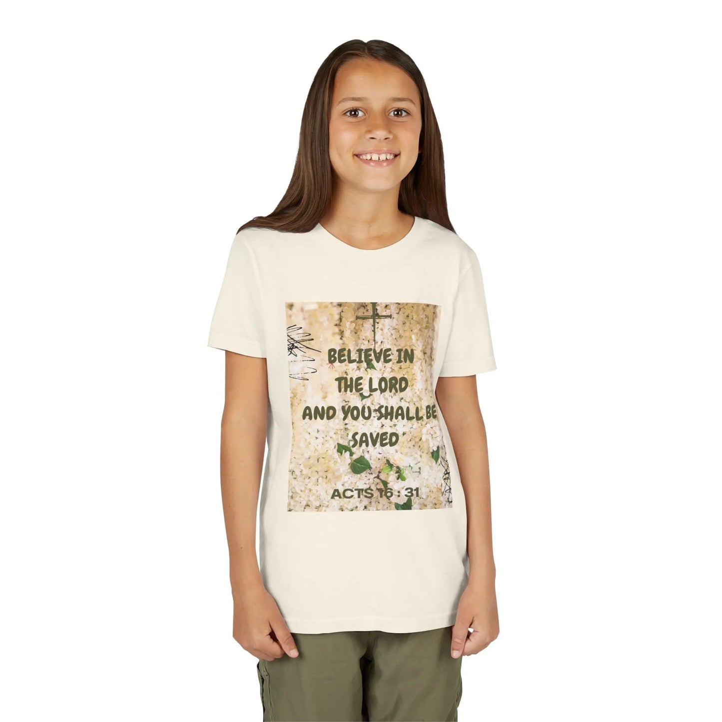 Youth wearing a soft, faith-filled youth tee featuring Acts 16:31 — "Believe in the Lord and you shall be saved." A meaningful Christian kids shirt for church, Sunday. Natural