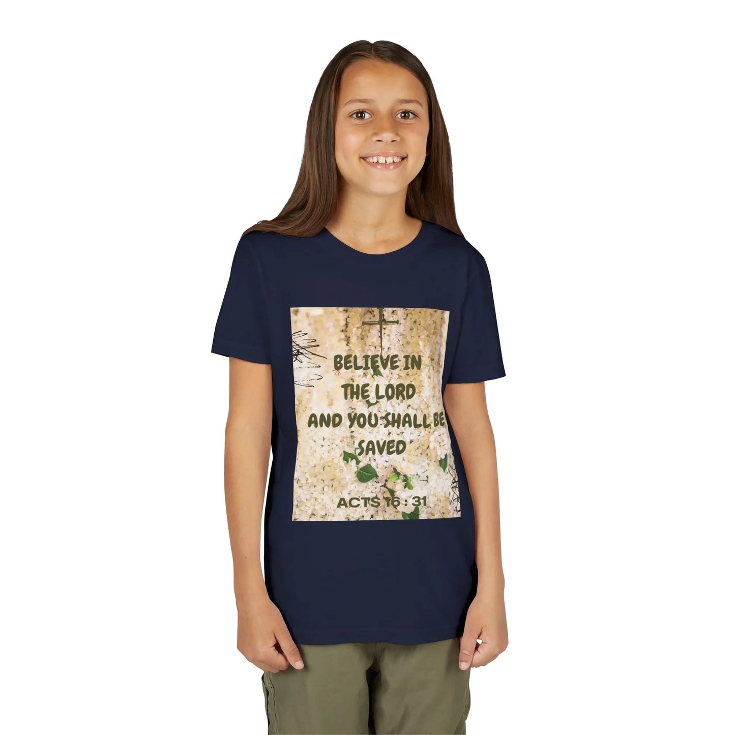 Youth wearing a soft, faith-filled youth tee featuring Acts 16:31 — "Believe in the Lord and you shall be saved." A meaningful Christian kids shirt for church, Sunday. Navy