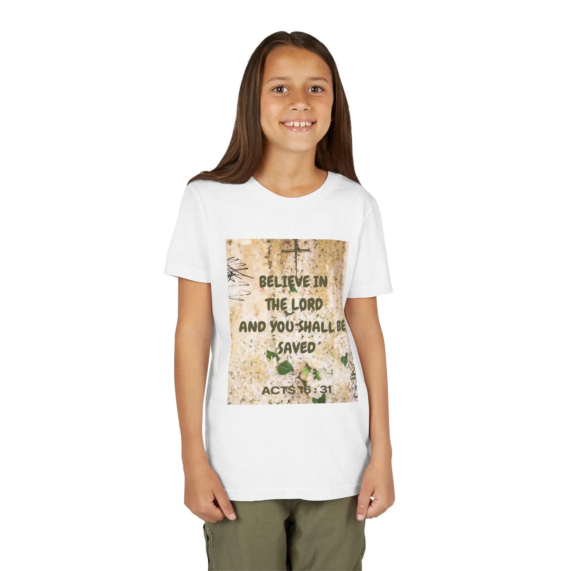 Youth wearing a soft, faith-filled youth tee featuring Acts 16:31 — "Believe in the Lord and you shall be saved." A meaningful Christian kids shirt for church, Sunday. White