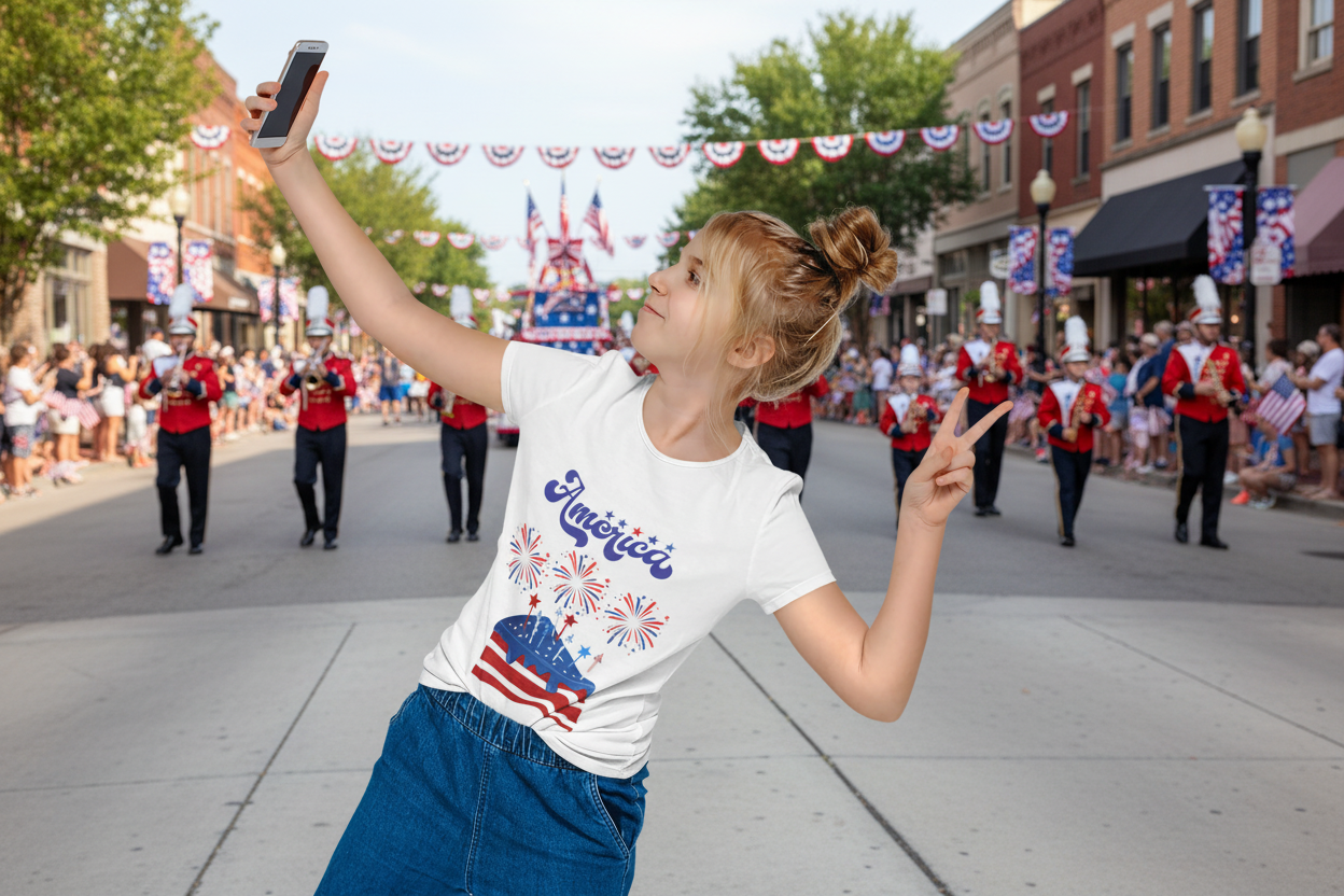 Person wearing a White t-shirt with 'America' and a flag design, making a peace sign. Celebrate the 4th of July in style! This patriotic America fireworks youth tee is perfect for kids who love Independence Day festivities and summer fun.
