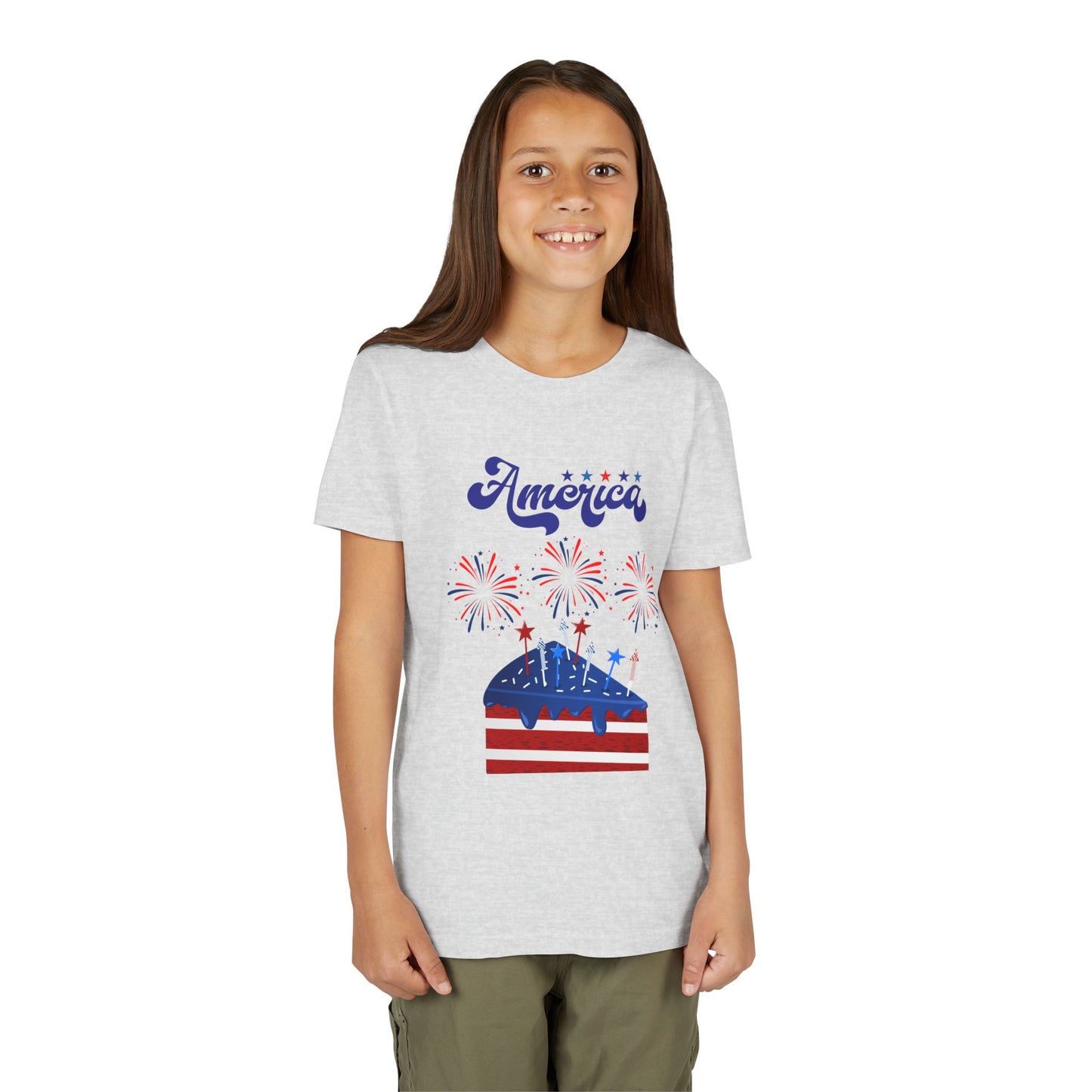 Girl wearing a t-shirt with 'America' and patriotic design on a white background. Celebrate the 4th of July in style! This patriotic America fireworks youth tee is perfect for kids who love Independence Day festivities and summer fun. Ash