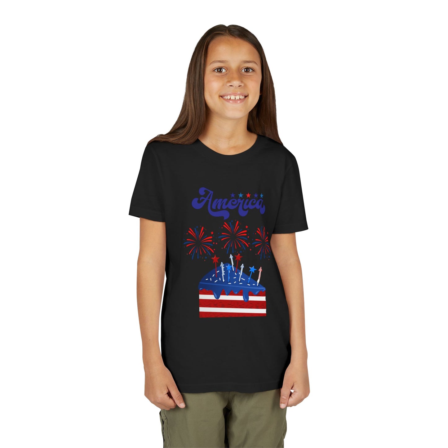 Young girl wearing a Black t-shirt with a patriotic design on a white background. Celebrate the 4th of July in style! This patriotic America fireworks youth tee is perfect for kids who love Independence Day festivities and summer fun.