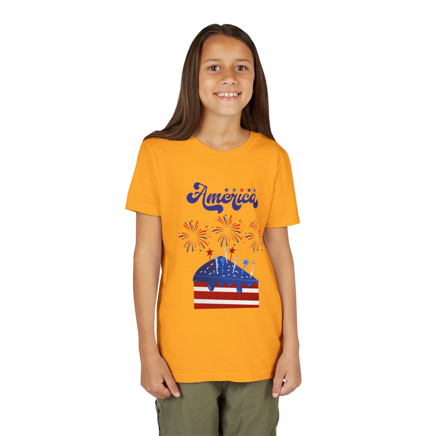 Child wearing a Gold t-shirt with a patriotic design on a white background. Celebrate the 4th of July in style! This patriotic America fireworks youth tee is perfect for kids who love Independence Day festivities and summer fun.