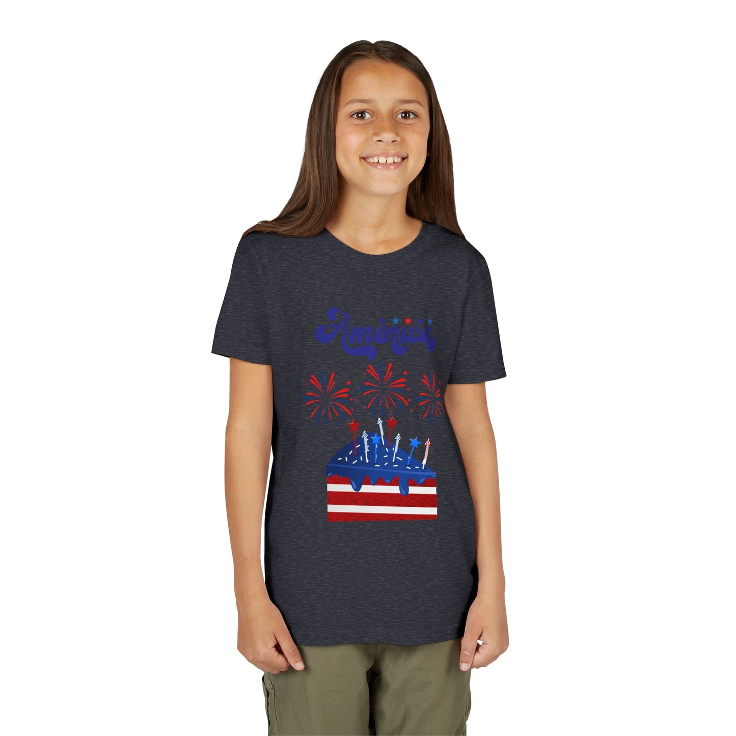 Girl wearing a Heather Navy t-shirt with a graphic design on a white background. Celebrate the 4th of July in style! This patriotic America fireworks youth tee is perfect for kids who love Independence Day festivities and summer fun.