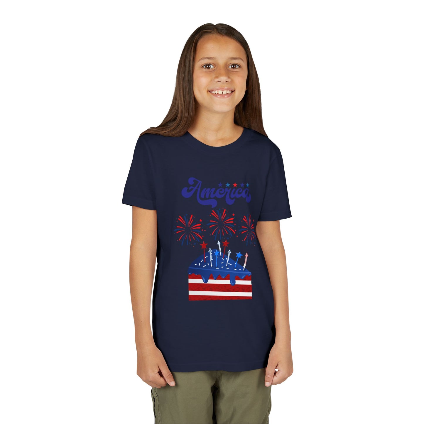 Girl wearing a Navy Blue t-shirt with 'America' and a flag design on a white background. Celebrate the 4th of July in style! This patriotic America fireworks youth tee is perfect for kids who love Independence Day festivities and summer fun.