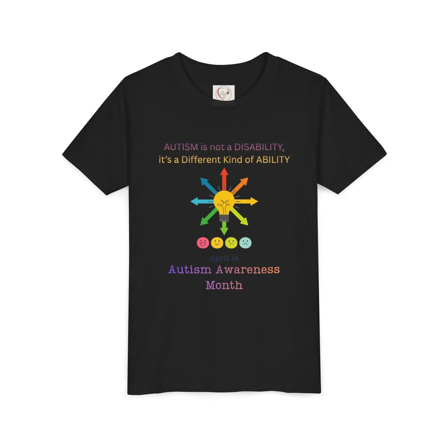 Autism awareness youth t-shirt – Bella + Canvas 3001Y – “Autism is not a disability, it's a different kind of ability” quote – neurodiversity support kids tee – sensory-friendly soft cotton shirt – sizes S–XL – PMCREATIONS25, Black
