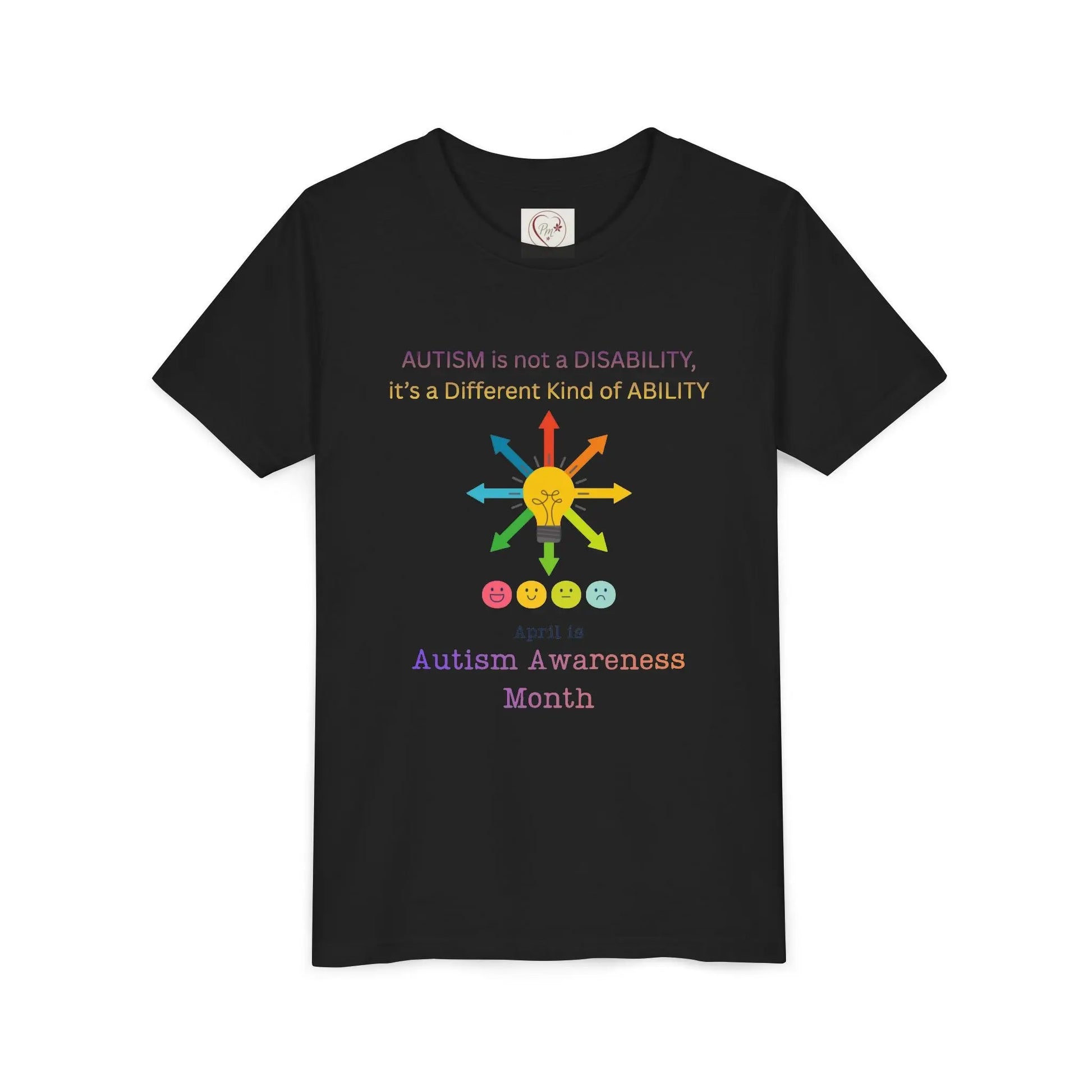 Autism awareness youth t-shirt – Bella + Canvas 3001Y – “Autism is not a disability, it's a different kind of ability” quote – neurodiversity support kids tee – sensory-friendly soft cotton shirt – sizes S–XL – PMCREATIONS25, Black
