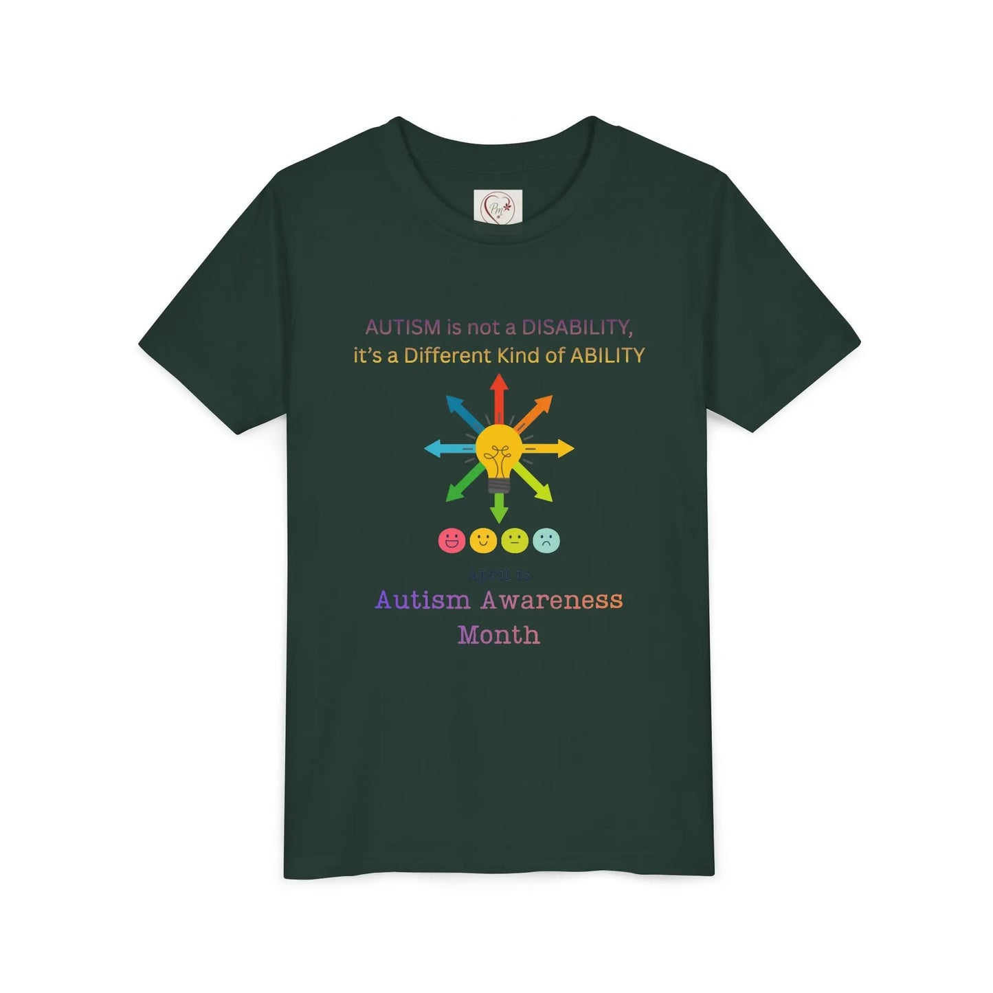Autism awareness youth t-shirt – Bella + Canvas 3001Y – “Autism is not a disability; it's a different kind of ability” quote – neurodiversity support kids tee – sensory-friendly soft cotton shirt – sizes S–XL –PM CREATIONS 25-forest
