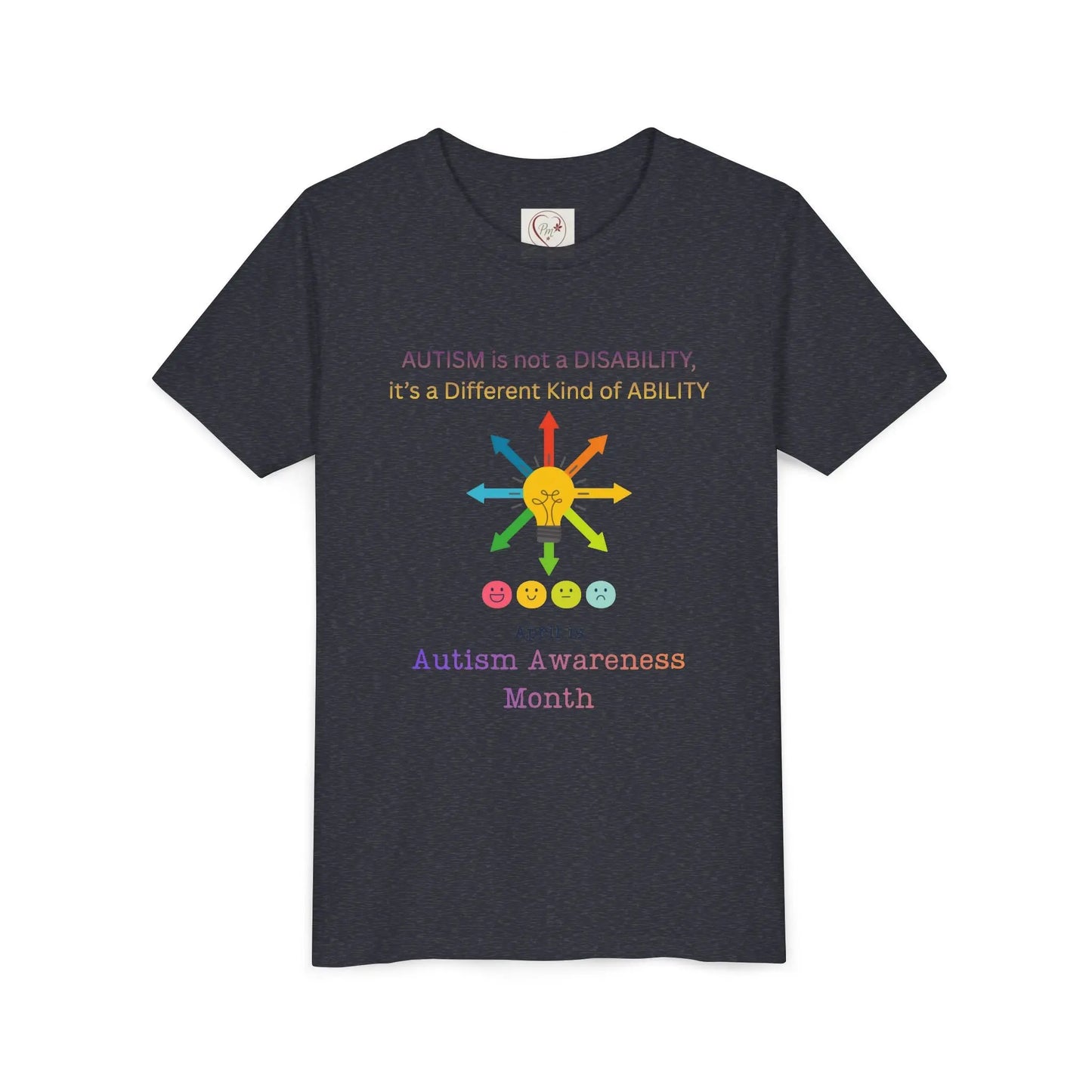 Autism awareness youth t-shirt – Bella + Canvas 3001Y – Heather Navy- “Autism is not a disability; it's a different kind of ability” quote – neurodiversity support kids tee – sensory-friendly soft cotton shirt – sizes S–XL –PM CREATIONS 25
