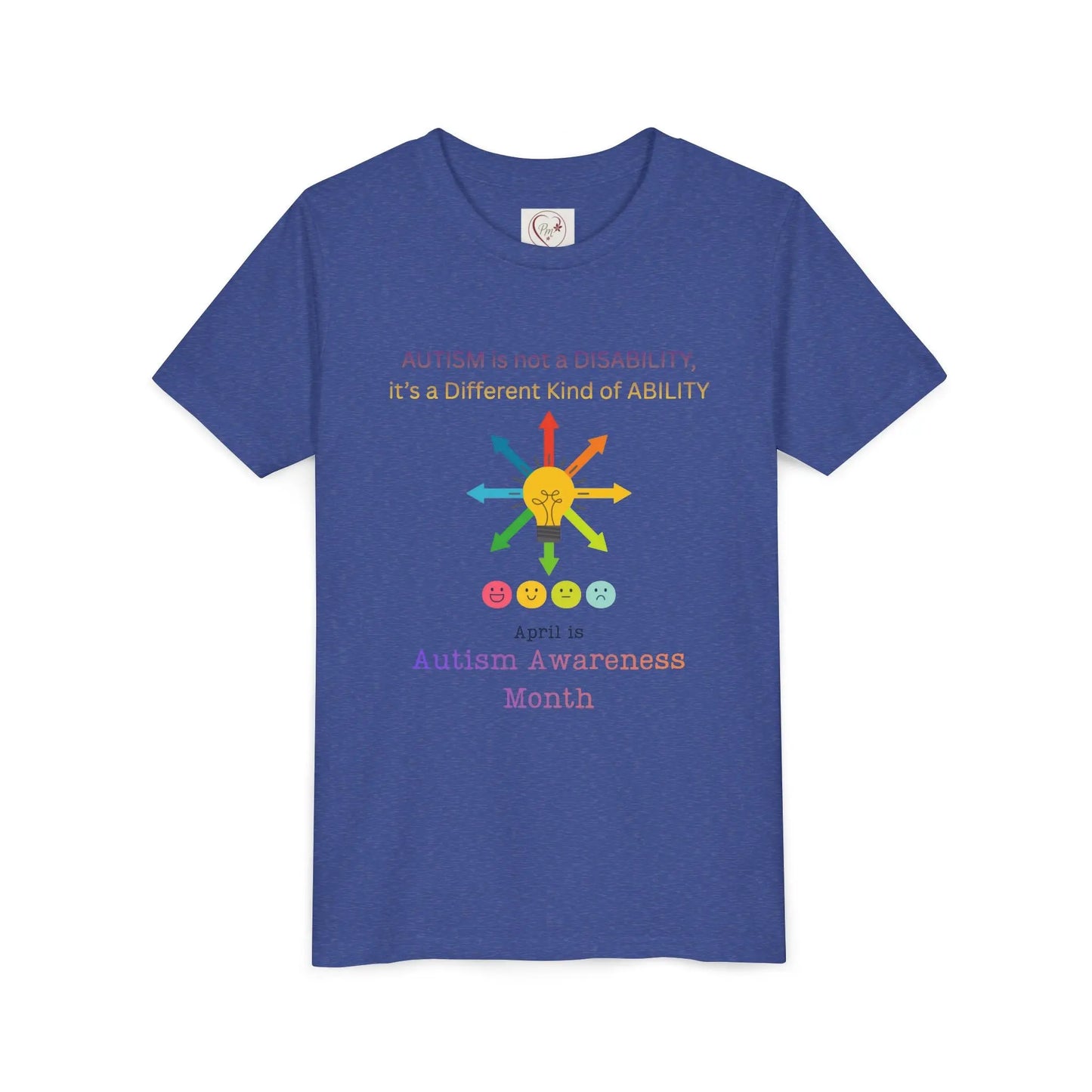 Autism awareness youth t-shirt – Bella + Canvas 3001Y – “Autism is not a disability, it's a different kind of ability” quote – neurodiversity support kids tee – sensory-friendly soft cotton shirt – sizes S–XL – PM CREATIONS 25-Heather True Royal