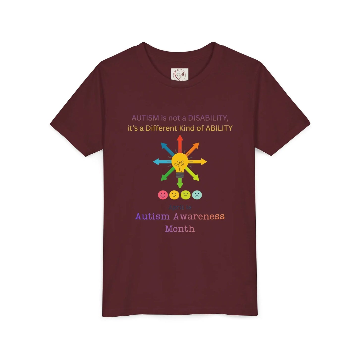 Autism awareness youth t-shirt – Bella + Canvas 3001Y – Maroon- “Autism is not a disability, it's a different kind of ability” quote – neurodiversity support kids tee – sensory-friendly soft cotton shirt – sizes S–XL – PM CREATIONS 25
