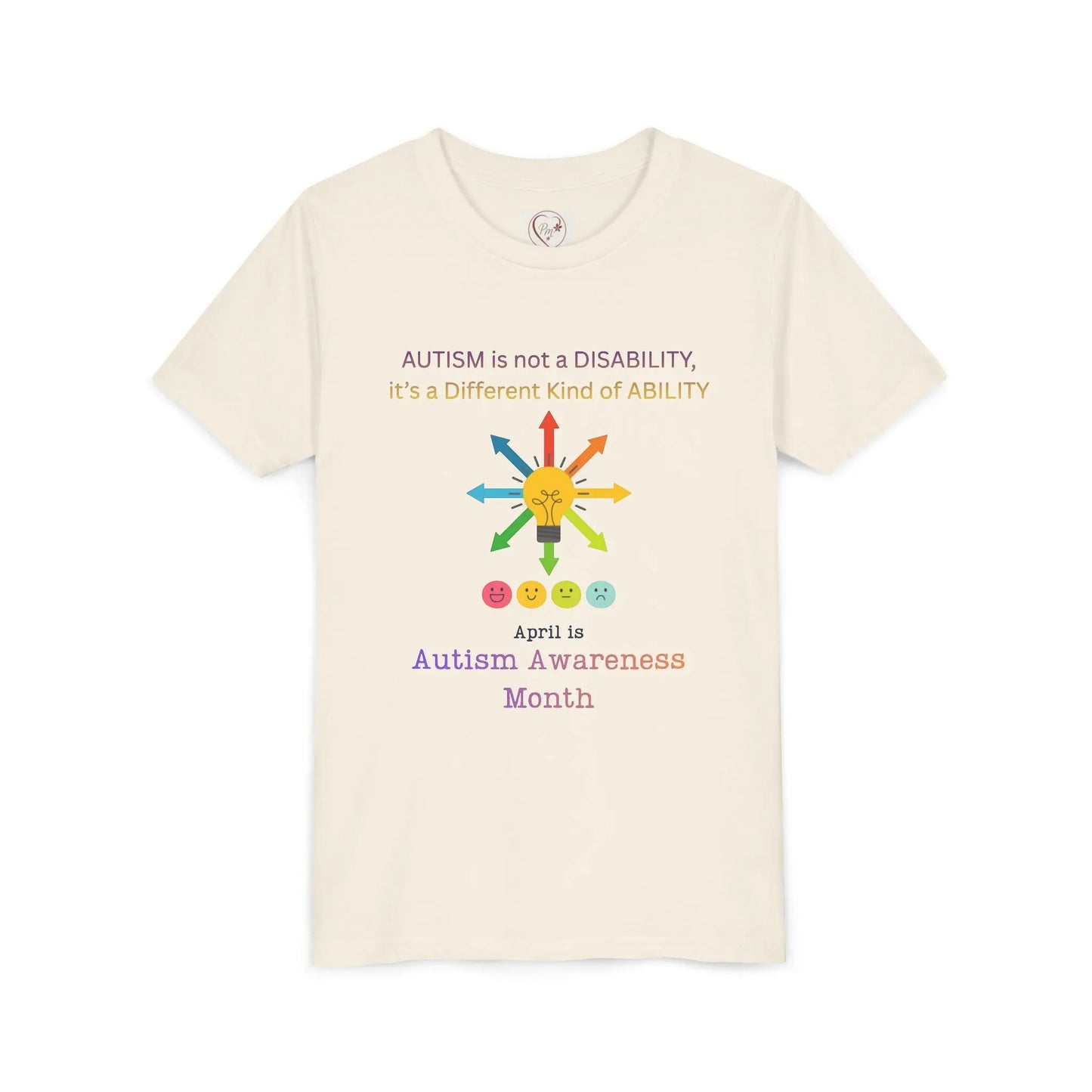 Autism awareness youth t-shirt – Bella + Canvas 3001Y – “Autism is not a disability, it's a different kind of ability” quote – neurodiversity support kids tee – sensory-friendly soft cotton shirt – sizes S–XL –PM CREATIONS 25- Natural
