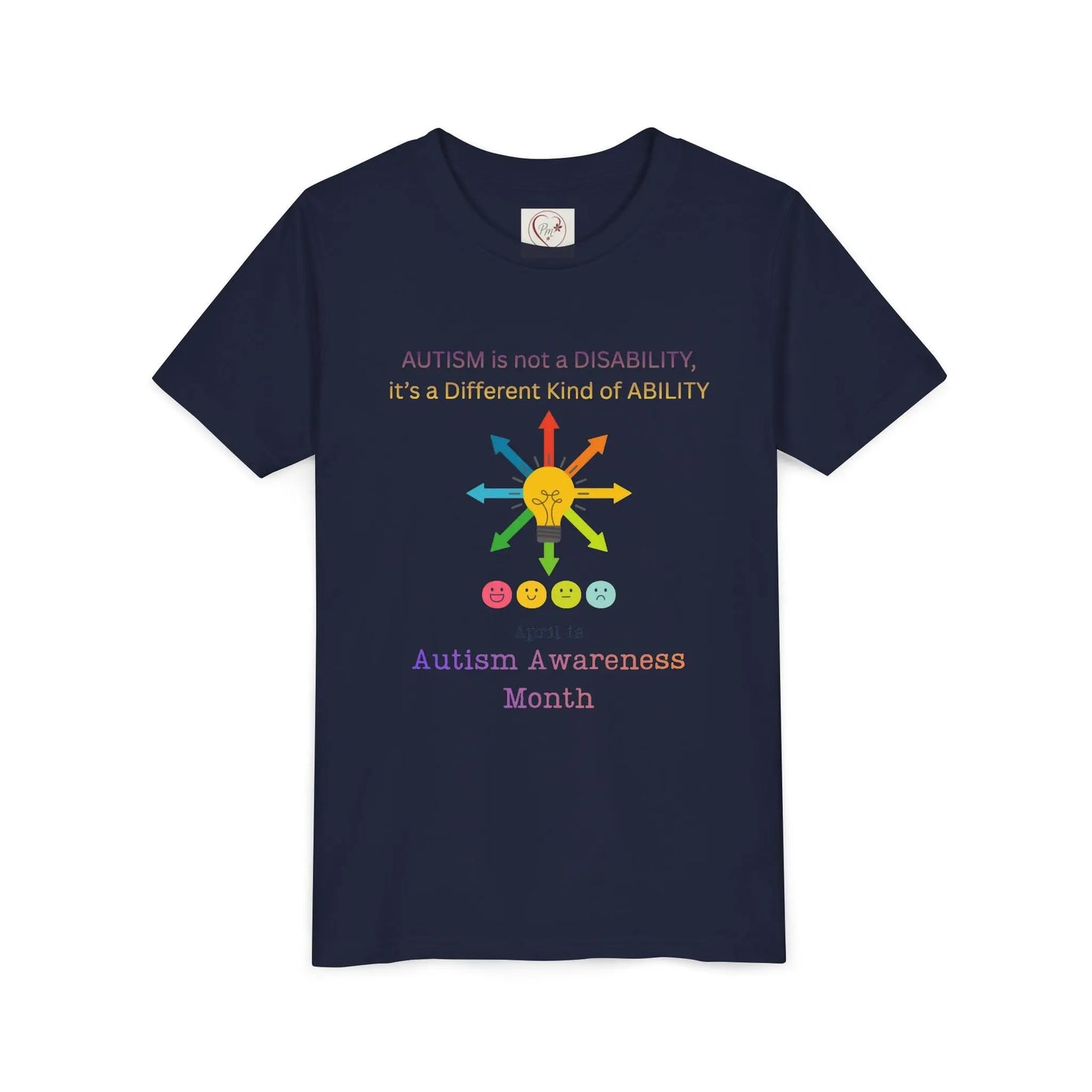 Autism awareness youth t-shirt – Bella + Canvas 3001Y – Navy- “Autism is not a disability; it's a different kind of ability” quote – neurodiversity support kids tee – sensory-friendly soft cotton shirt – sizes S–XL – PM CREATIONS 25
