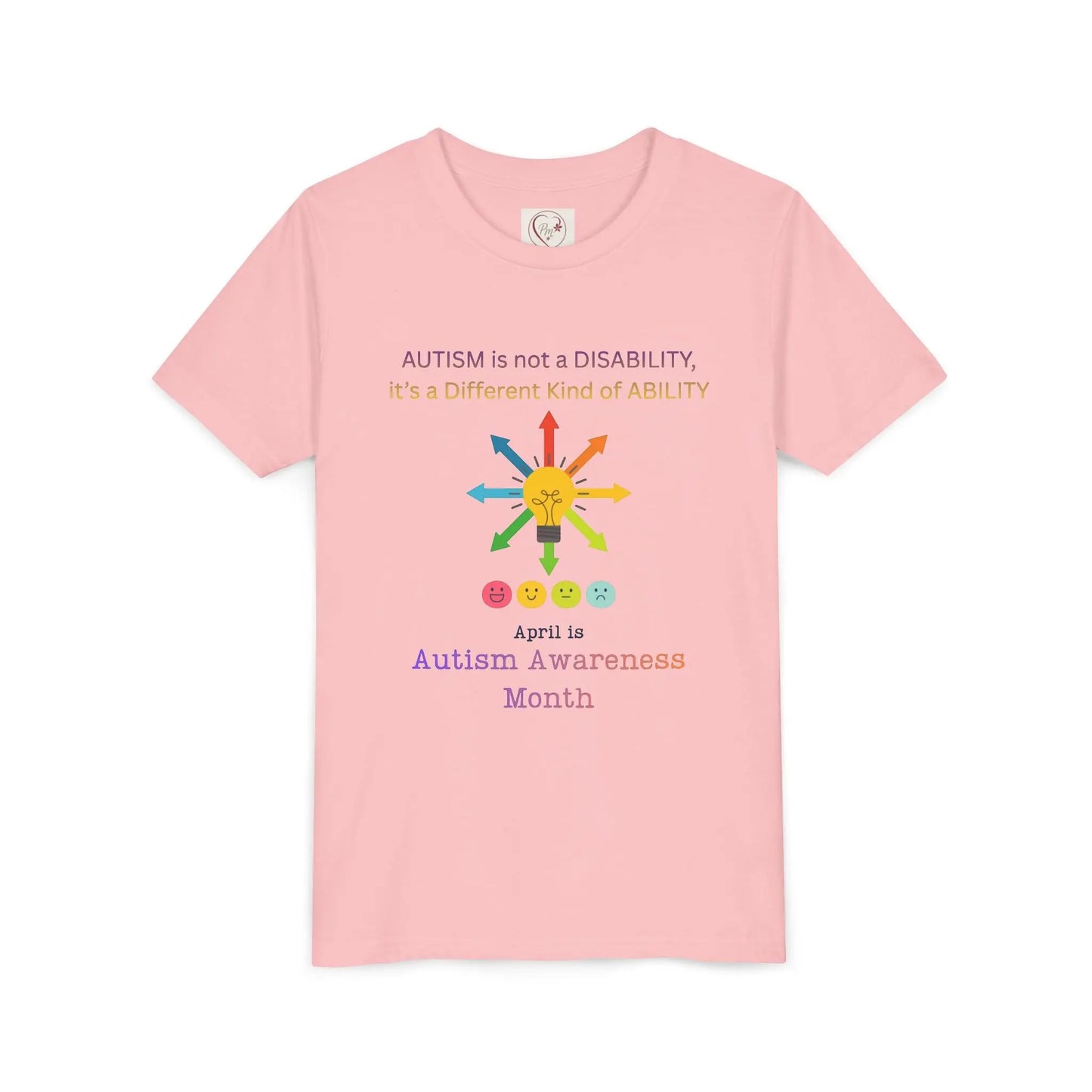 Autism awareness youth t-shirt – Bella + Canvas 3001Y – Pink- “Autism is not a disability, it's a different kind of ability” quote – neurodiversity support kids tee – sensory-friendly soft cotton shirt – sizes S–XL – PM CREATIONS 25
