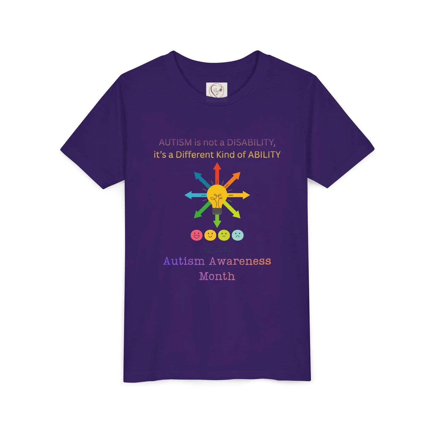 Autism awareness youth t-shirt – Bella + Canvas 3001Y –Team Purple- “Autism is not a disability, it's a different kind of ability” quote – neurodiversity support kids tee – sensory-friendly soft cotton shirt – sizes S–XL – PM CREATIONS 25
