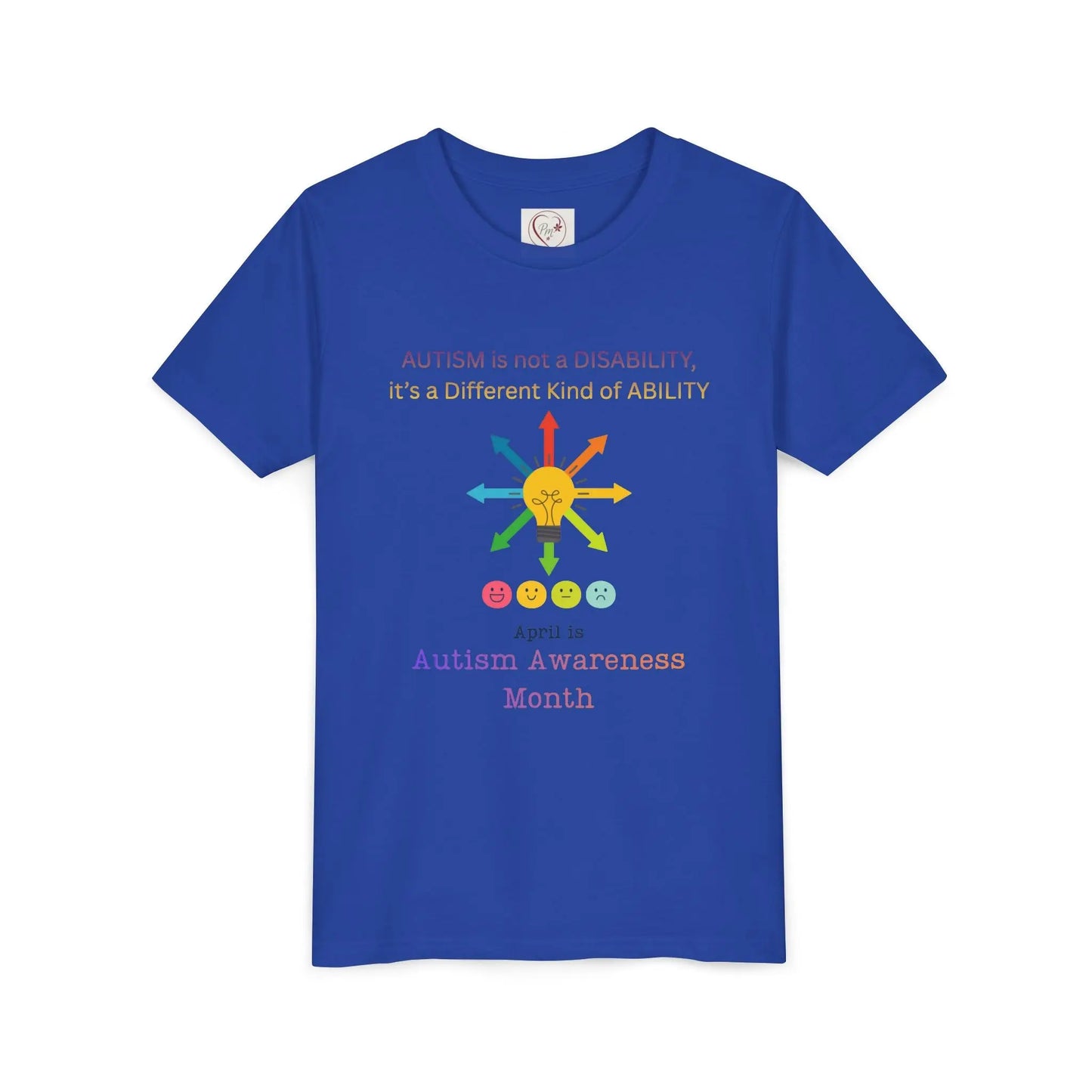 Autism awareness youth t-shirt – Bella + Canvas 3001Y – “Autism is not a disability; it's a different kind of ability” quote – neurodiversity support kids tee – sensory-friendly soft cotton shirt – sizes S–XL –PM CREATIONS 25-True Royal
