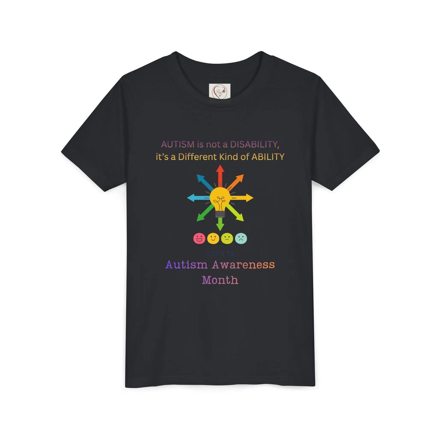 Autism awareness youth t-shirt – Bella + Canvas 3001Y – “Autism is not a disability; it's a different kind of ability” quote – neurodiversity support kids tee – sensory-friendly soft cotton shirt – sizes S–XL – PM CREATIONS 25-Vintage Black
