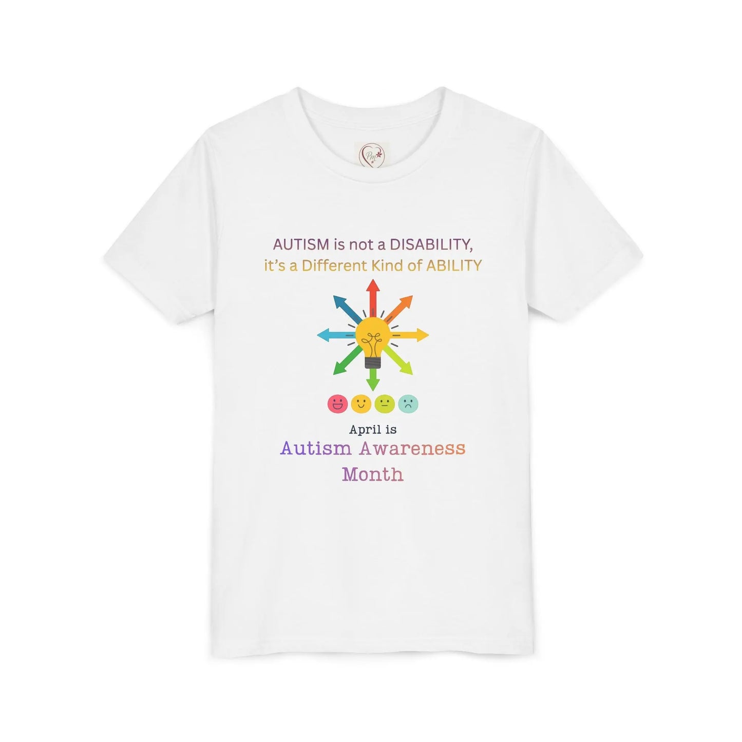 Autism awareness youth t-shirt – Bella + Canvas 3001Y – White- “Autism is not a disability, it's a different kind of ability” quote – neurodiversity support kids tee – sensory-friendly soft cotton shirt – sizes S–XL – PM CREATIONS 25

