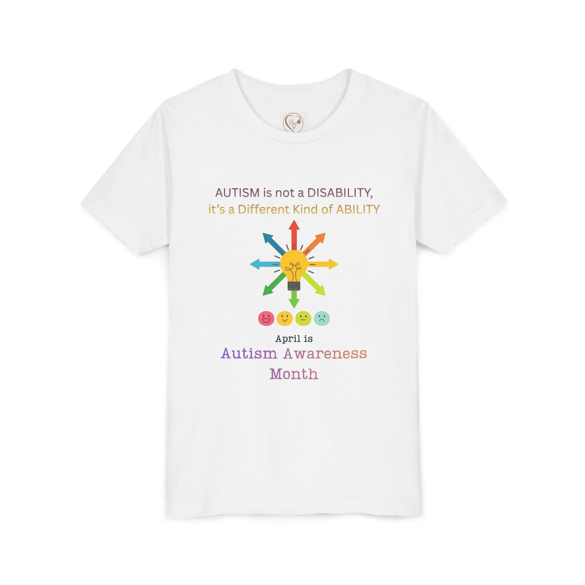 Autism awareness youth t-shirt – Bella + Canvas 3001Y – White- “Autism is not a disability, it's a different kind of ability” quote – neurodiversity support kids tee – sensory-friendly soft cotton shirt – sizes S–XL – PM CREATIONS 25
