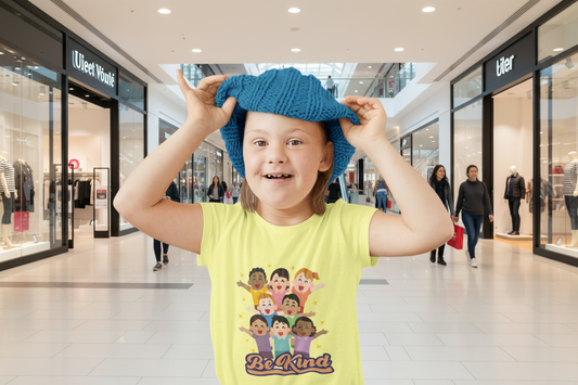 Toddler wearing Be Kind tee with diverse smiling children and Together message, Yellow
