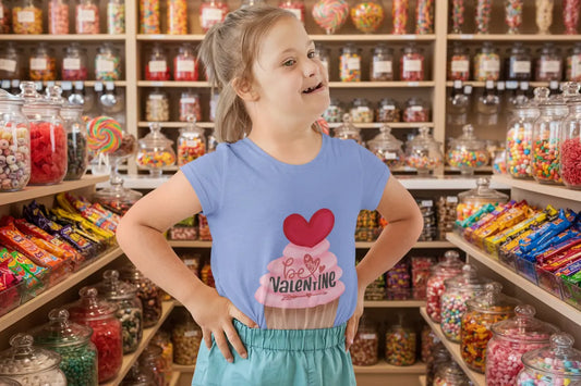 Youth wearing Be My Valentine tee with pink-frosted cupcake and hearts,
Heather Columbia Blue