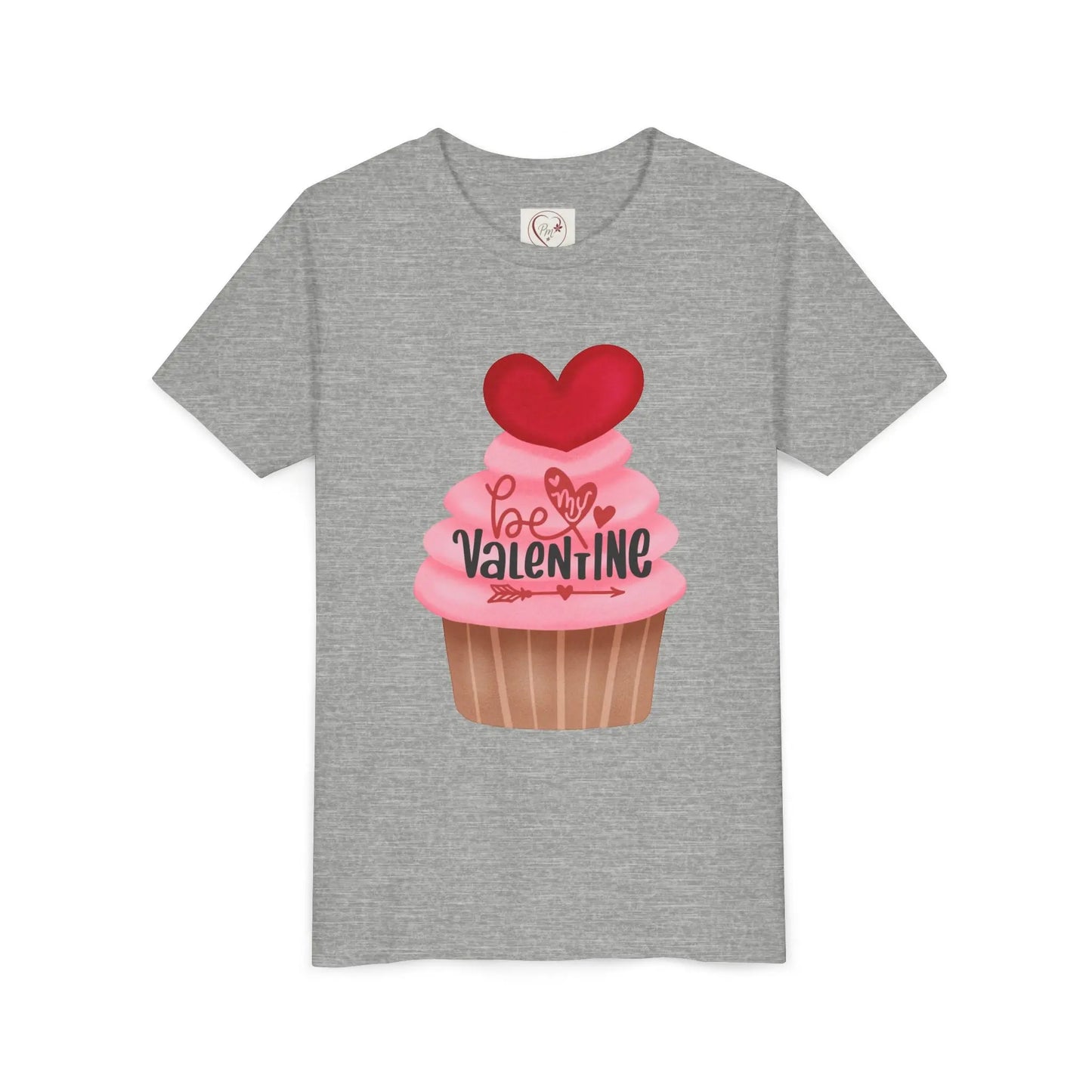 Adorable Valentine's Day youth tee with cute cupcake and hearts. Sweet design perfect for school parties, celebrations & spreading love all February. Athletic Heather