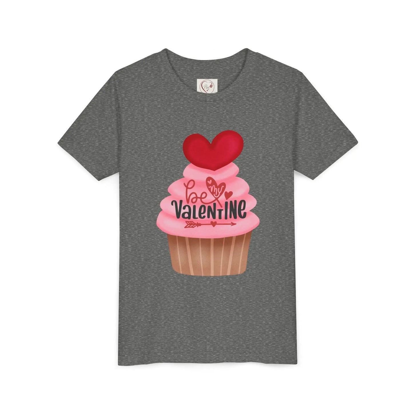 Adorable Valentine's Day youth tee with cute cupcake and hearts. Sweet design perfect for school parties, celebrations & spreading love all February. Deep Heather