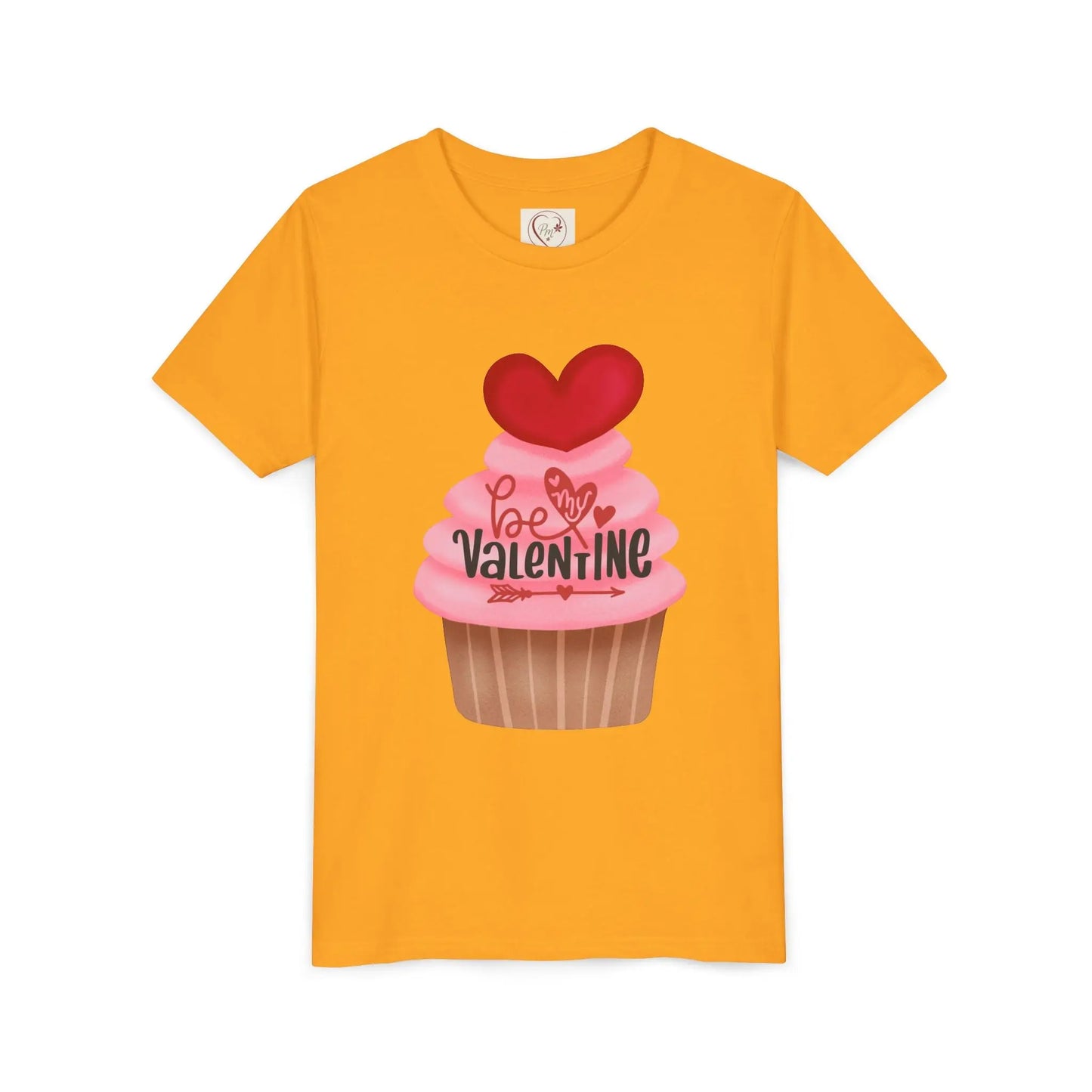 Adorable Valentine's Day youth tee with cute cupcake and hearts. Sweet design perfect for school parties, celebrations & spreading love all February. Gold