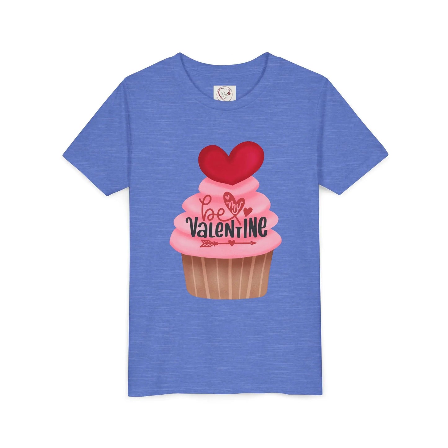 Adorable Valentine's Day youth tee with cute cupcake and hearts. Sweet design perfect for school parties, celebrations & spreading love all February. Heather Columbia Blue