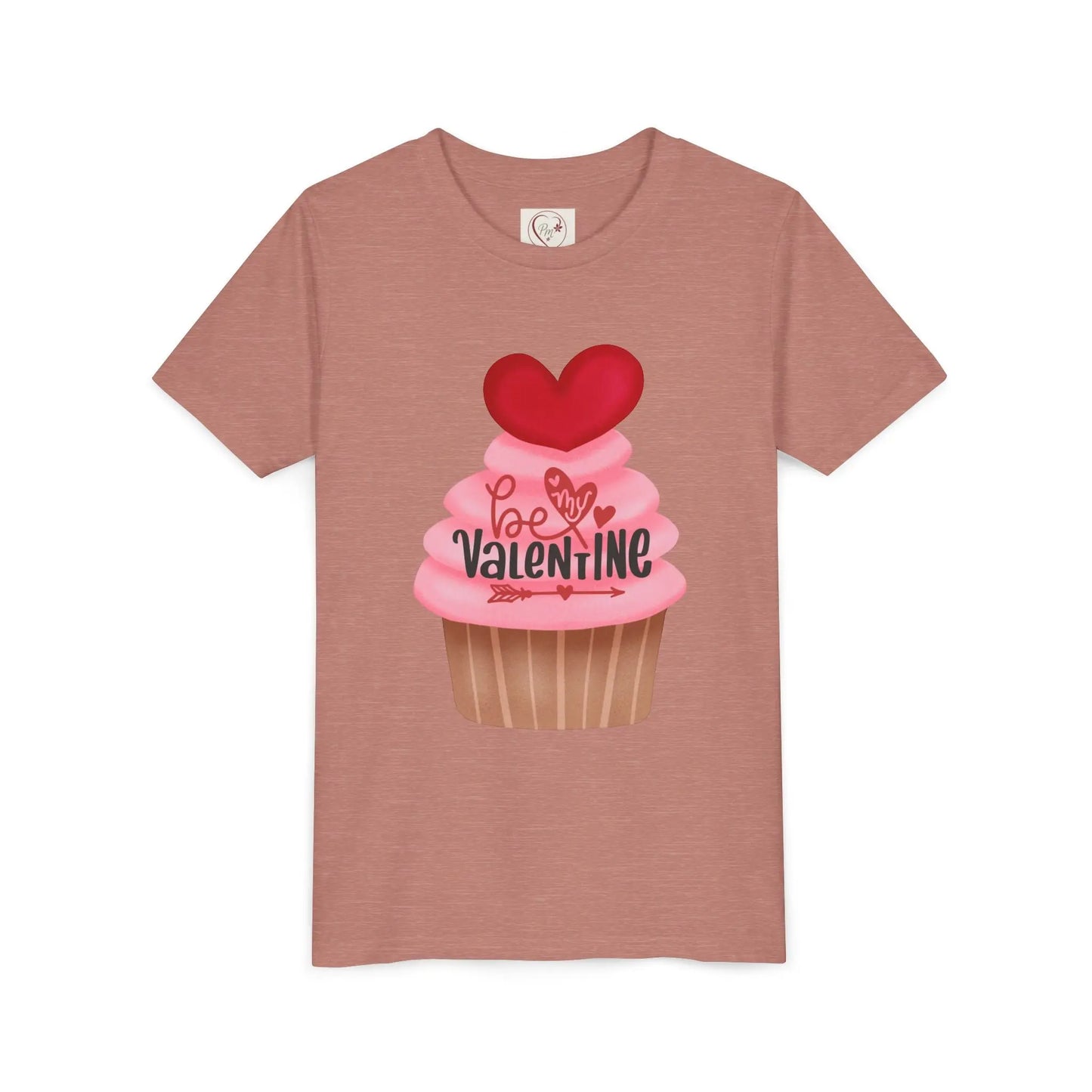 Adorable Valentine's Day youth tee with cute cupcake and hearts. Sweet design perfect for school parties, celebrations & spreading love all February. Heather Mauve