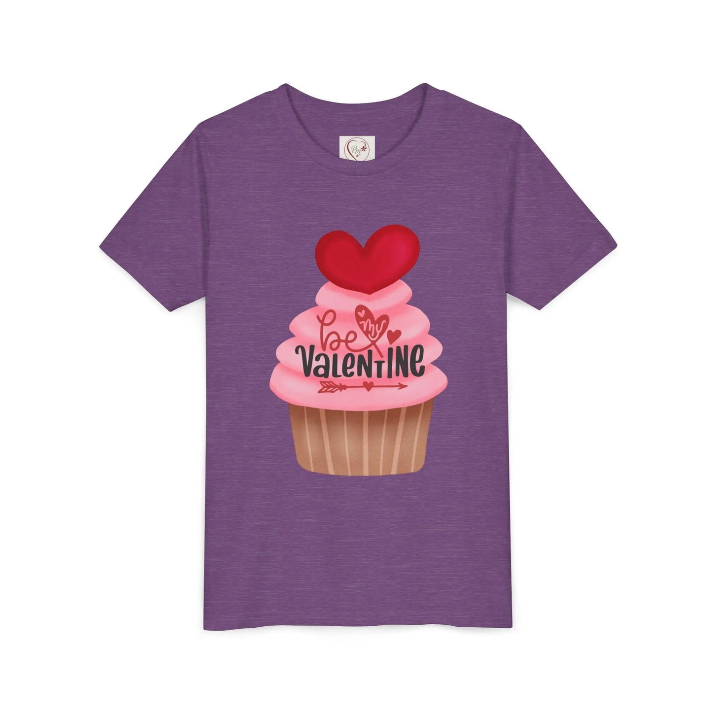 Adorable Valentine's Day youth tee with cute cupcake and hearts. Sweet design perfect for school parties, celebrations & spreading love all February. Heather Team Purple