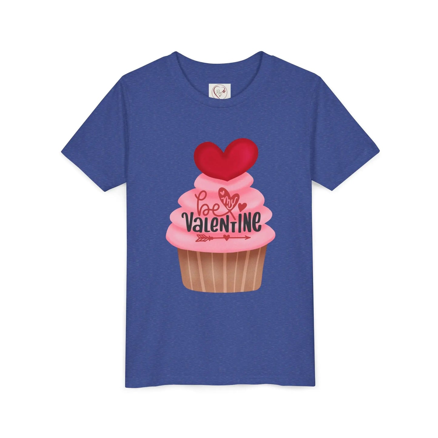 Adorable Valentine's Day youth tee with cute cupcake and hearts. Sweet design perfect for school parties, celebrations & spreading love all February. Heather True Royal