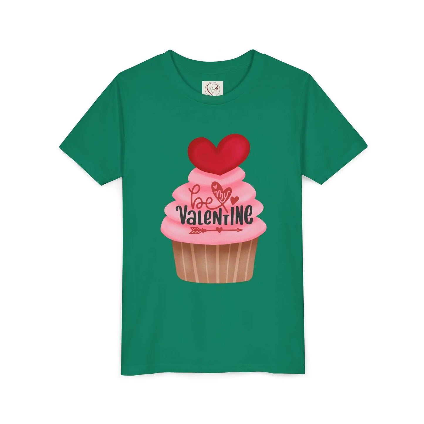 Adorable Valentine's Day youth tee with cute cupcake and hearts. Sweet design perfect for school parties, celebrations & spreading love all February. Kelly Green