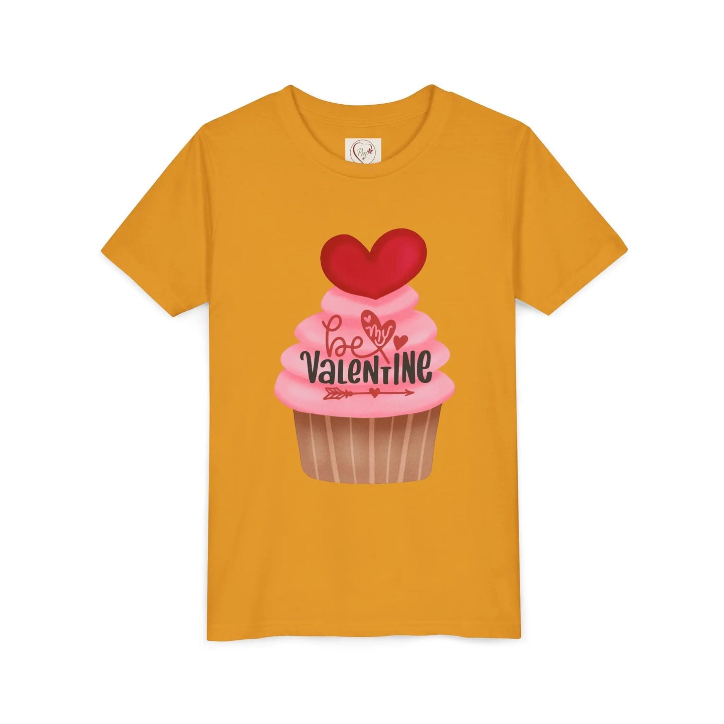 Adorable Valentine's Day youth tee with cute cupcake and hearts. Sweet design perfect for school parties, celebrations & spreading love all February. Mustard