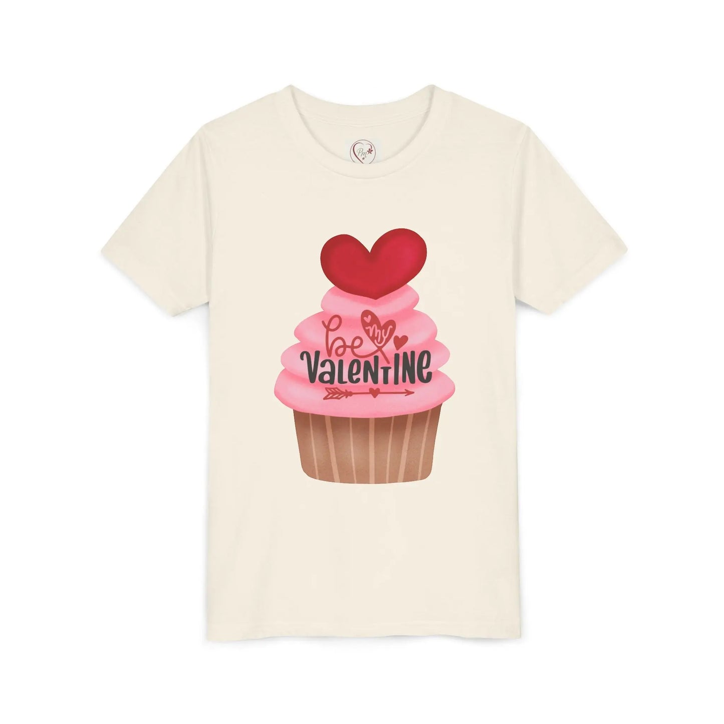 Adorable Valentine's Day youth tee with cute cupcake and hearts. Sweet design perfect for school parties, celebrations & spreading love all February. Natural